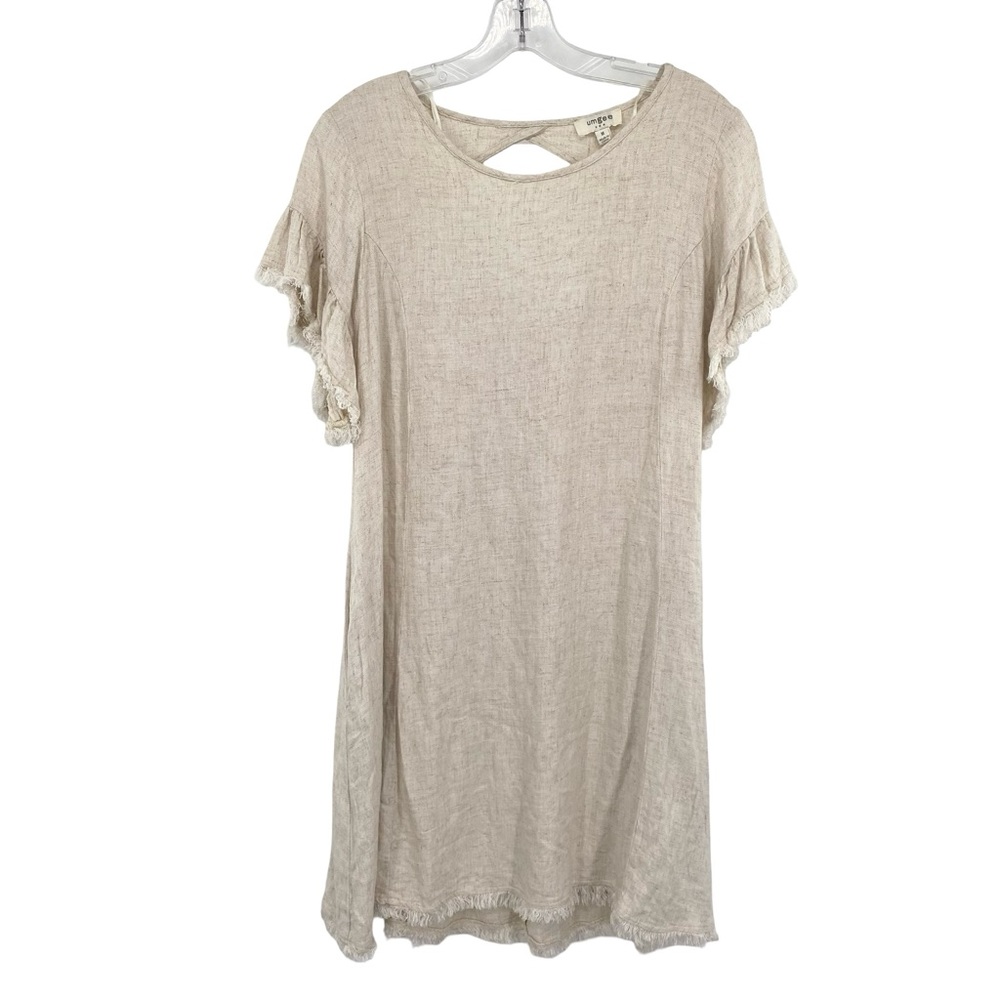 Umgee Linen Blend Oatmeal Boho Fringe Dress Size Medium - Picture 3 of 10